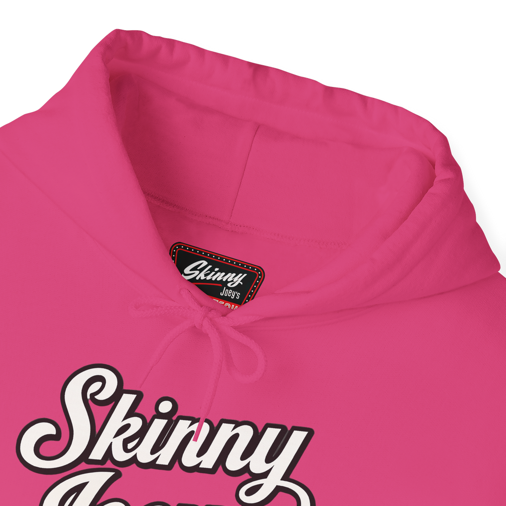 Pink hoodie with 'Skinny Jeans' text and brand label on a white background