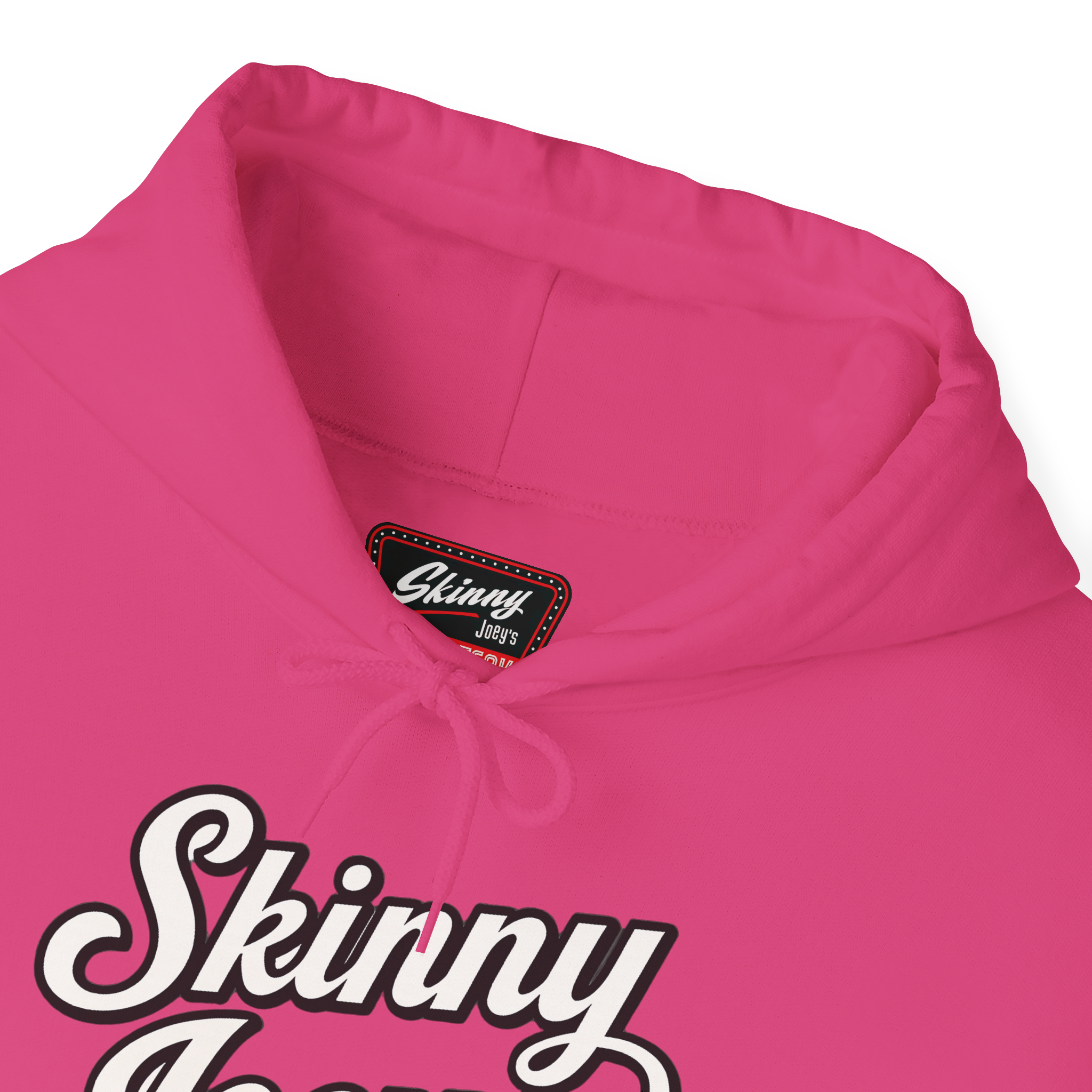 Pink hoodie with 'Skinny Jeans' text and brand label on a white background