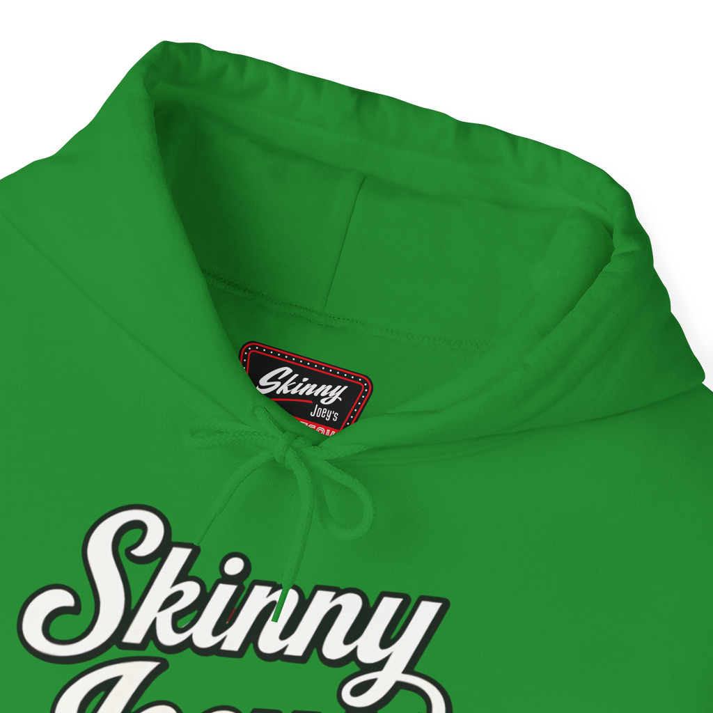 Green hoodie with 'Skinny' branding on a white background
