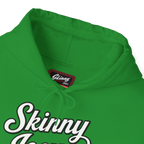 Green hoodie with 'Skinny' branding on a white background