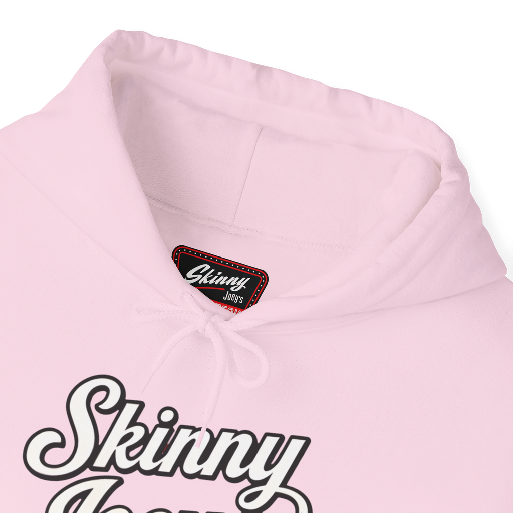 Pink hoodie with 'Skinny' branding on a white background