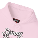 Pink hoodie with 'Skinny' branding on a white background