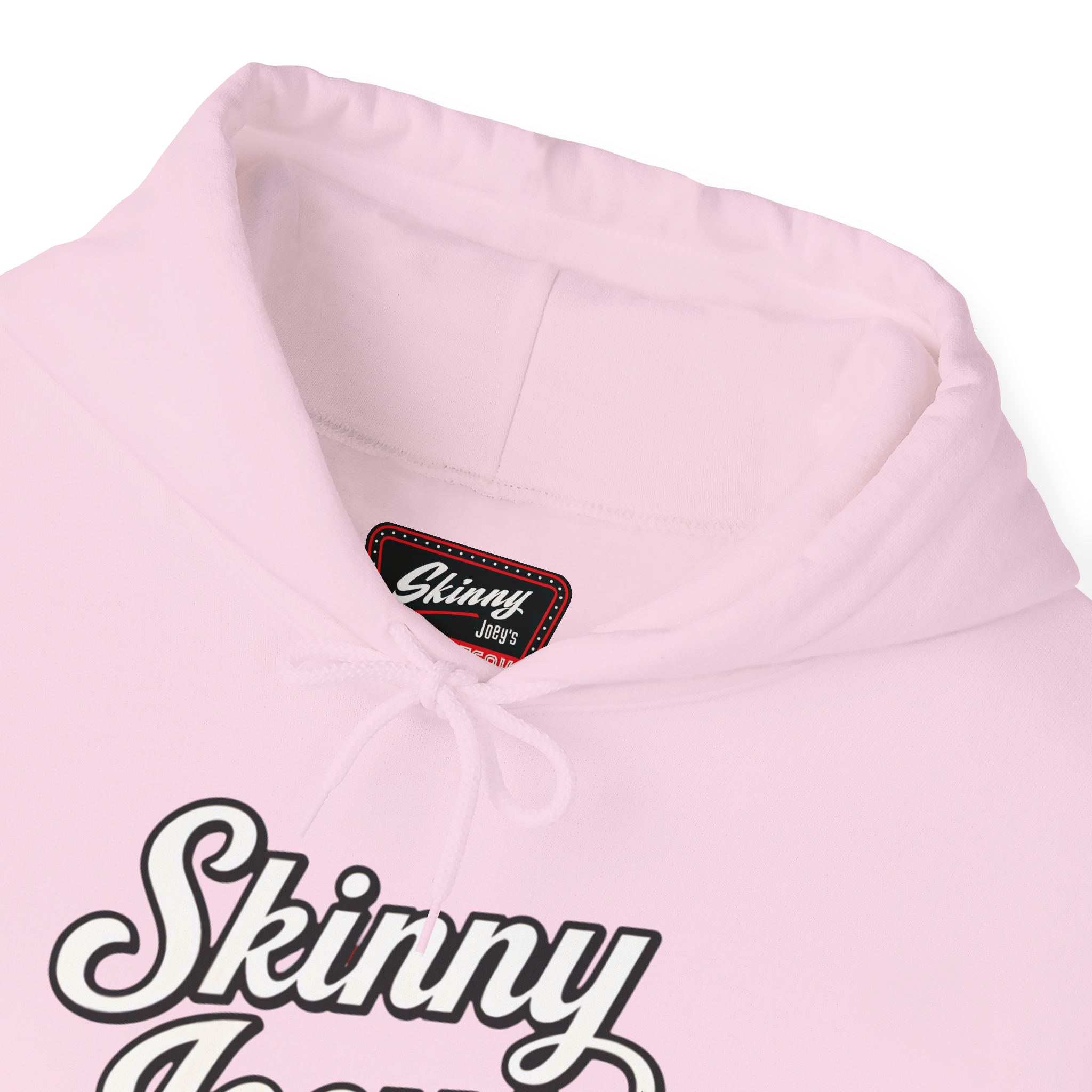 Pink hoodie with 'Skinny' branding on a white background