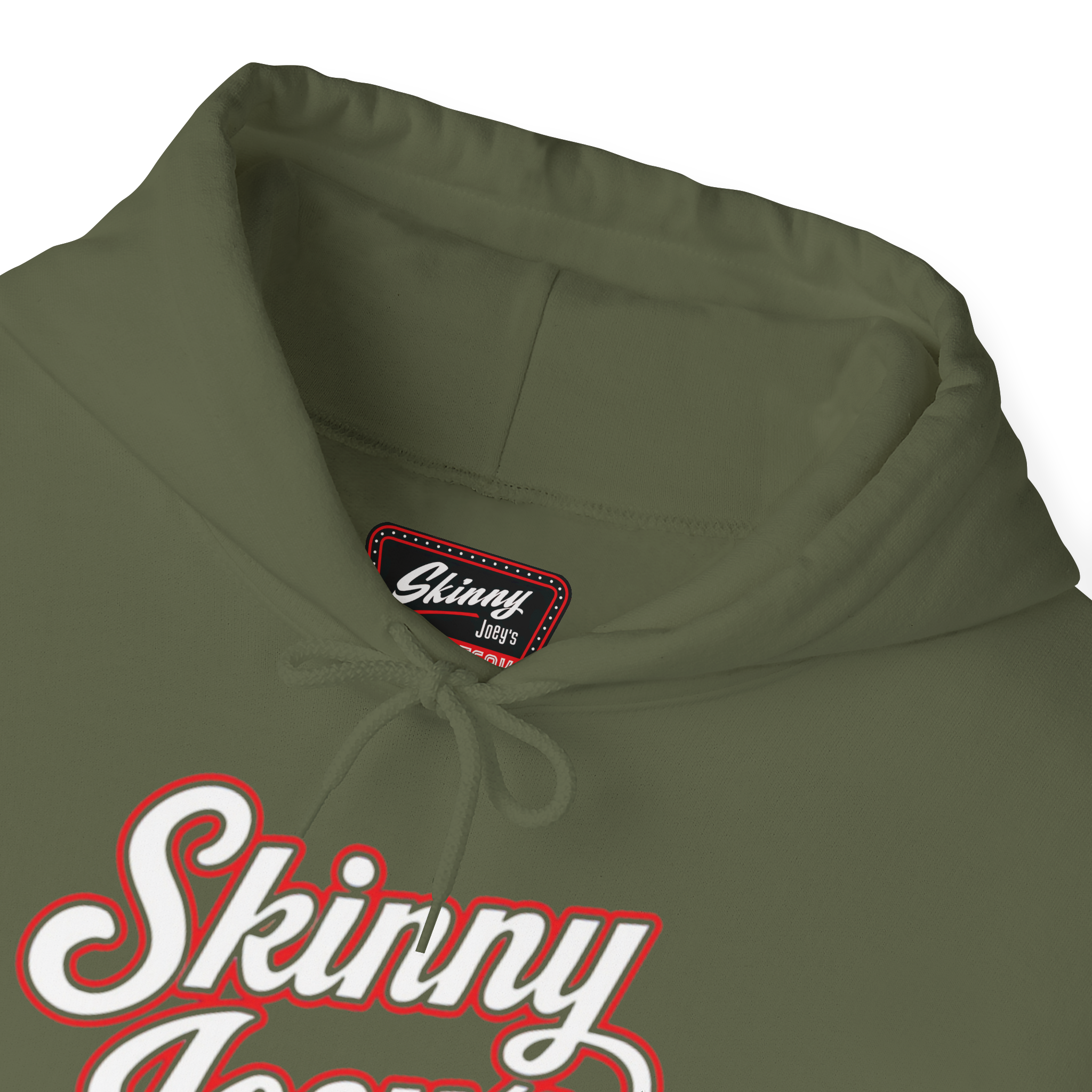 Green hoodie with 'Skinny' logo on a white background