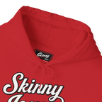 Red hoodie with 'Skinny Jeans' text and brand label on a white background