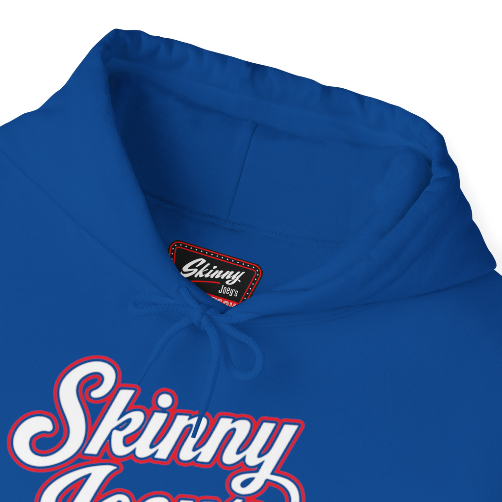 Blue hoodie with 'Skinny' branding on a white background