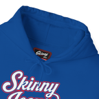 Blue hoodie with 'Skinny' branding on a white background