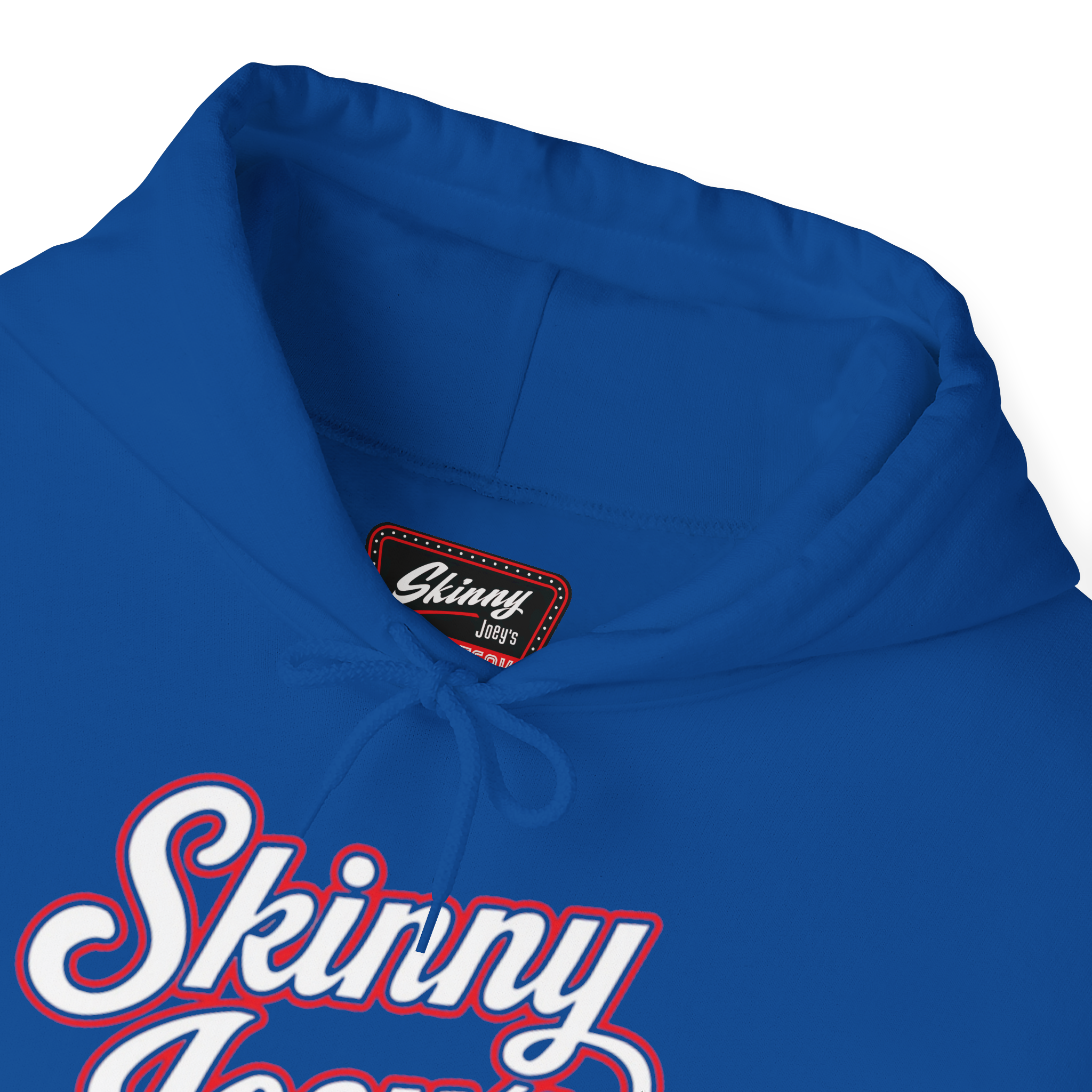 Blue hoodie with 'Skinny' branding on a white background