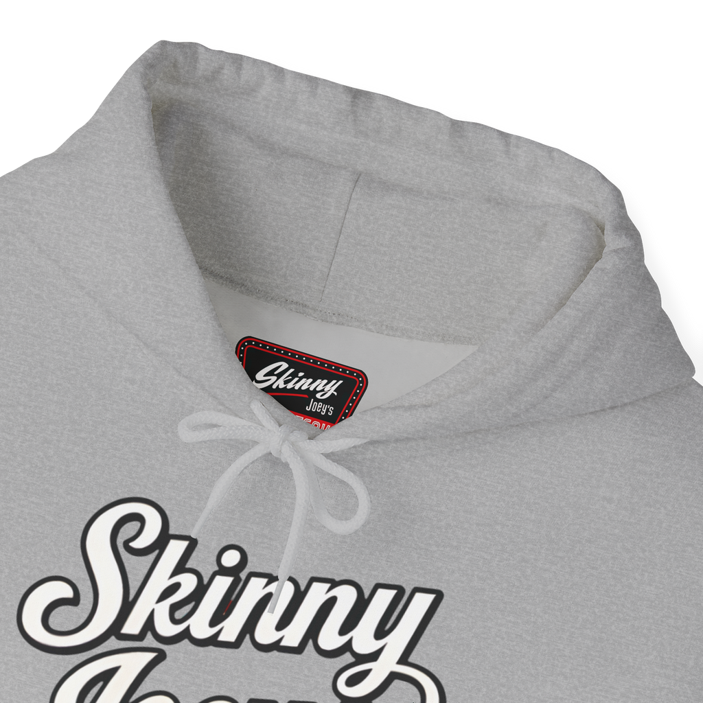 Gray hoodie with 'Skinny Jeans' text and a brand label on a white background