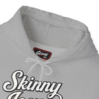Gray hoodie with 'Skinny Jeans' text and a brand label on a white background