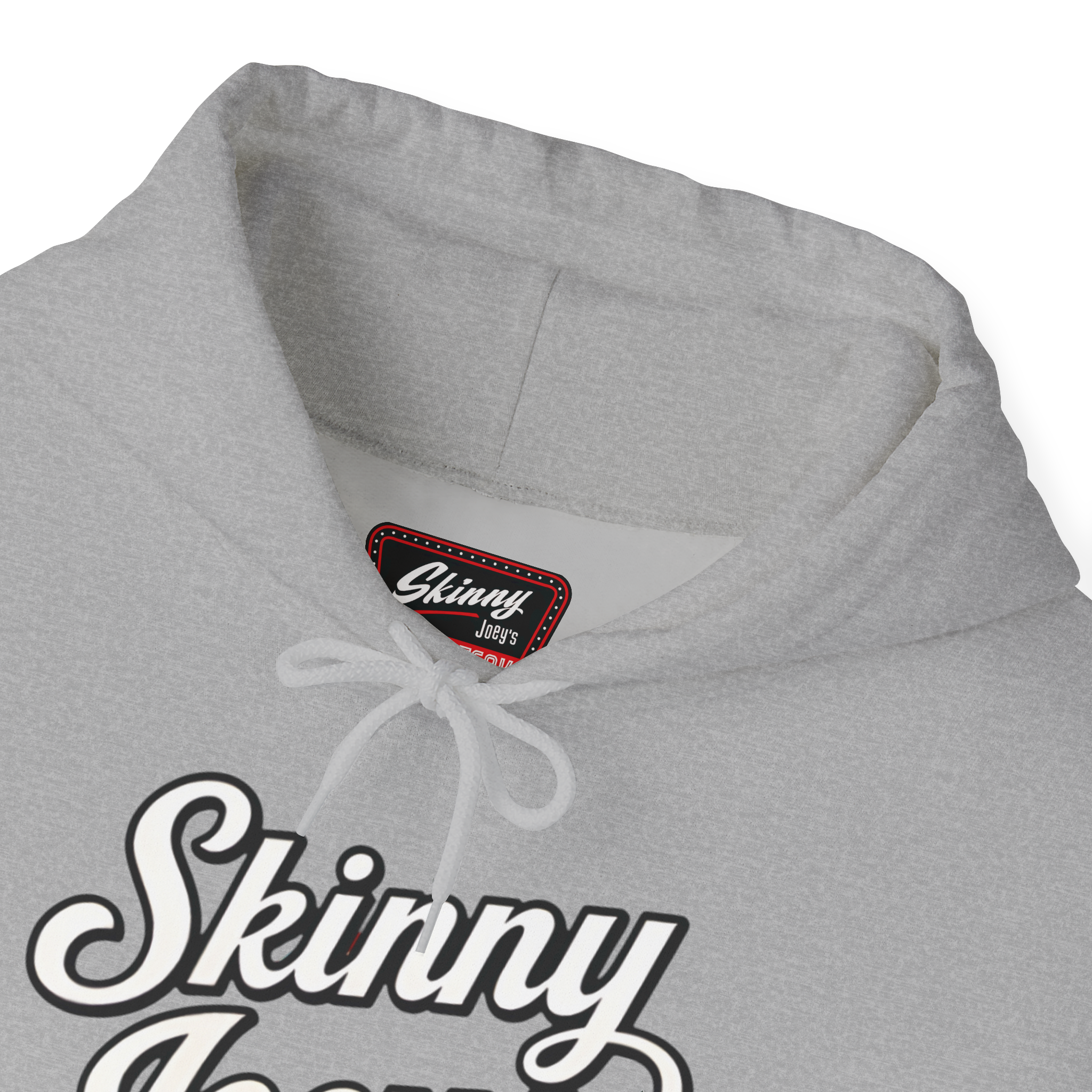Gray hoodie with 'Skinny Jeans' text and a brand label on a white background