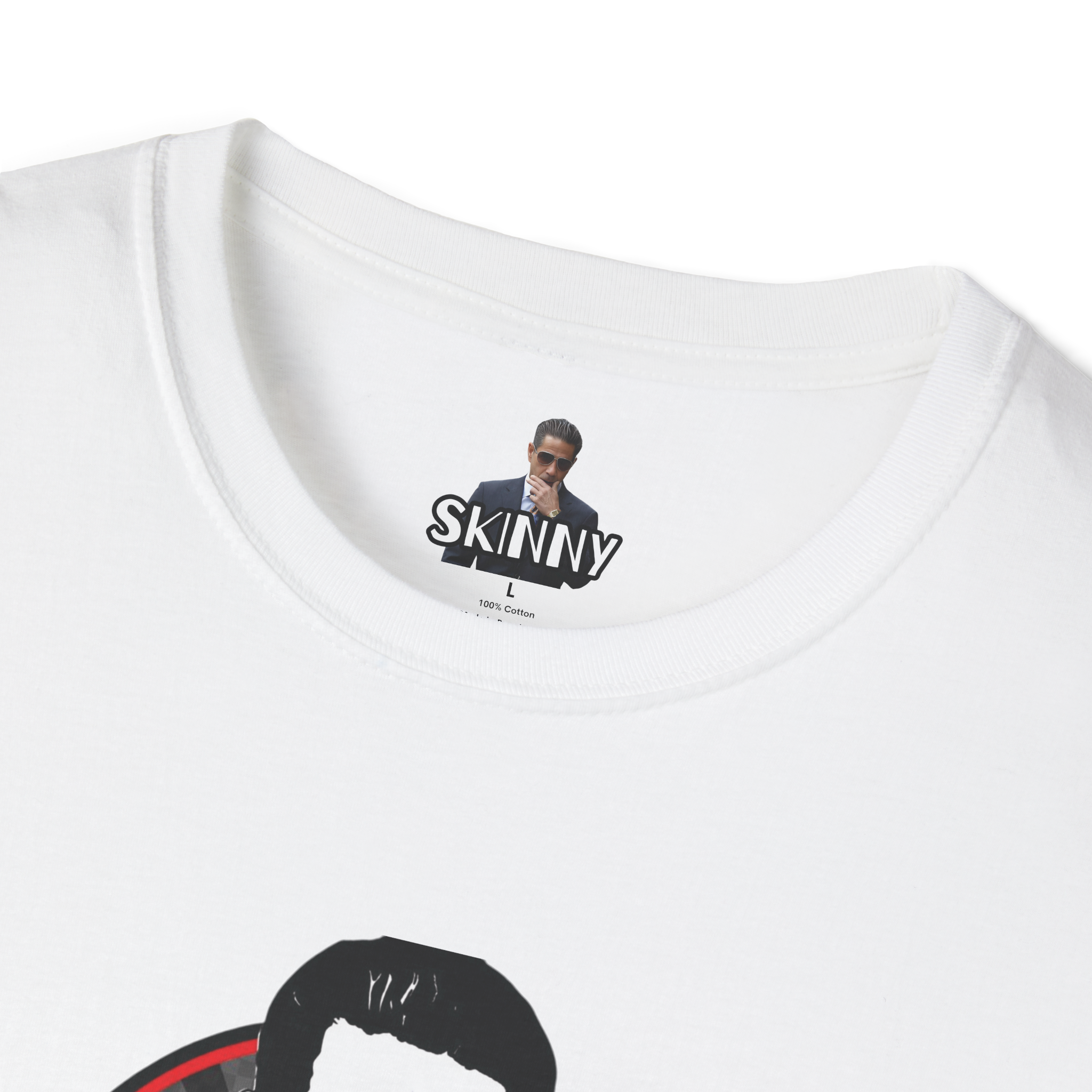 White t-shirt with a graphic of a person and the word 'SKINNY' on a white background