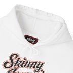 White hoodie with 'Skinny' branding on a white background
