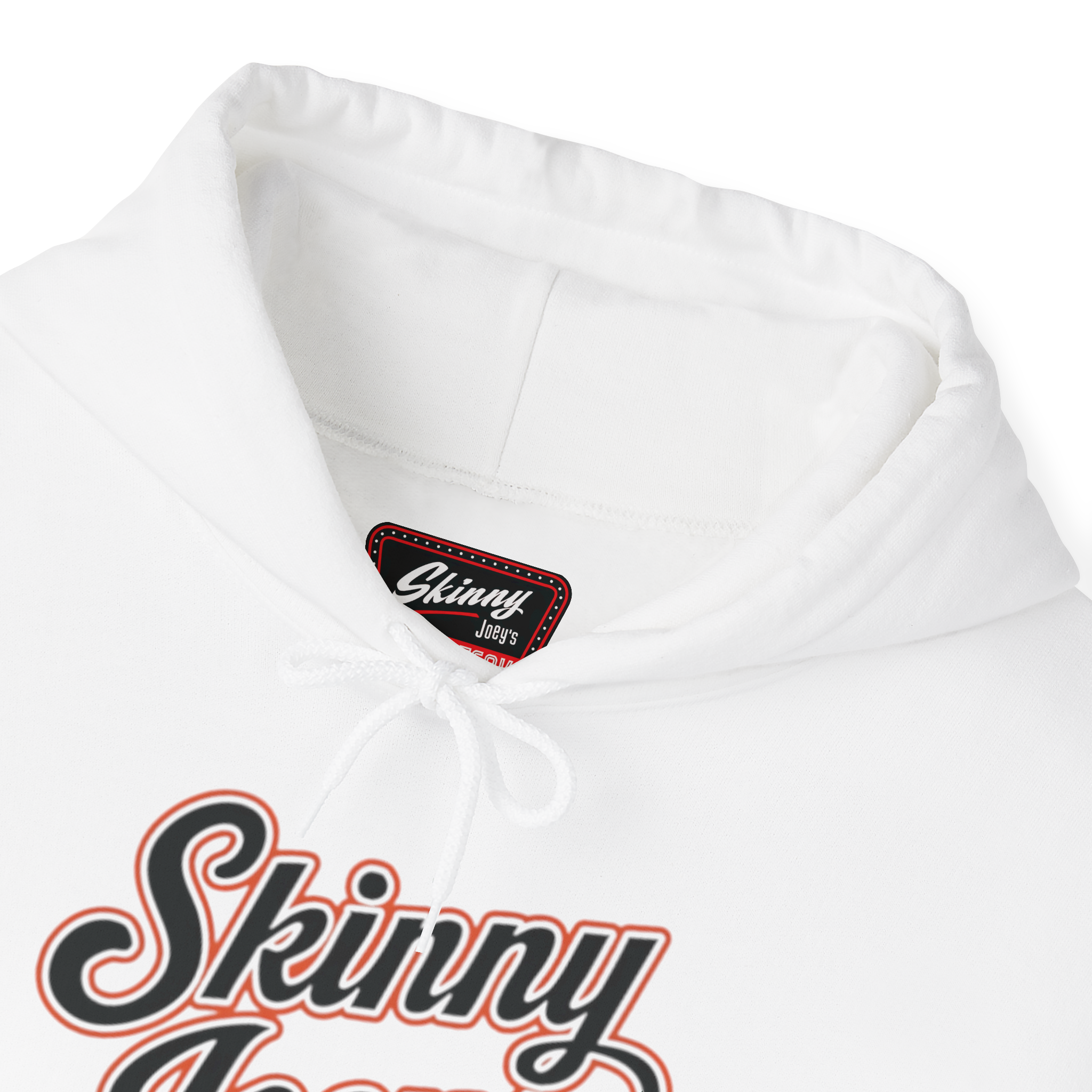 White hoodie with 'Skinny' branding on a white background