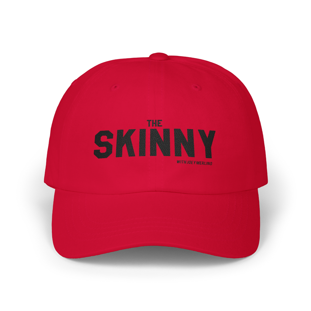 Red cap with 'The Skinny' text on a white background
