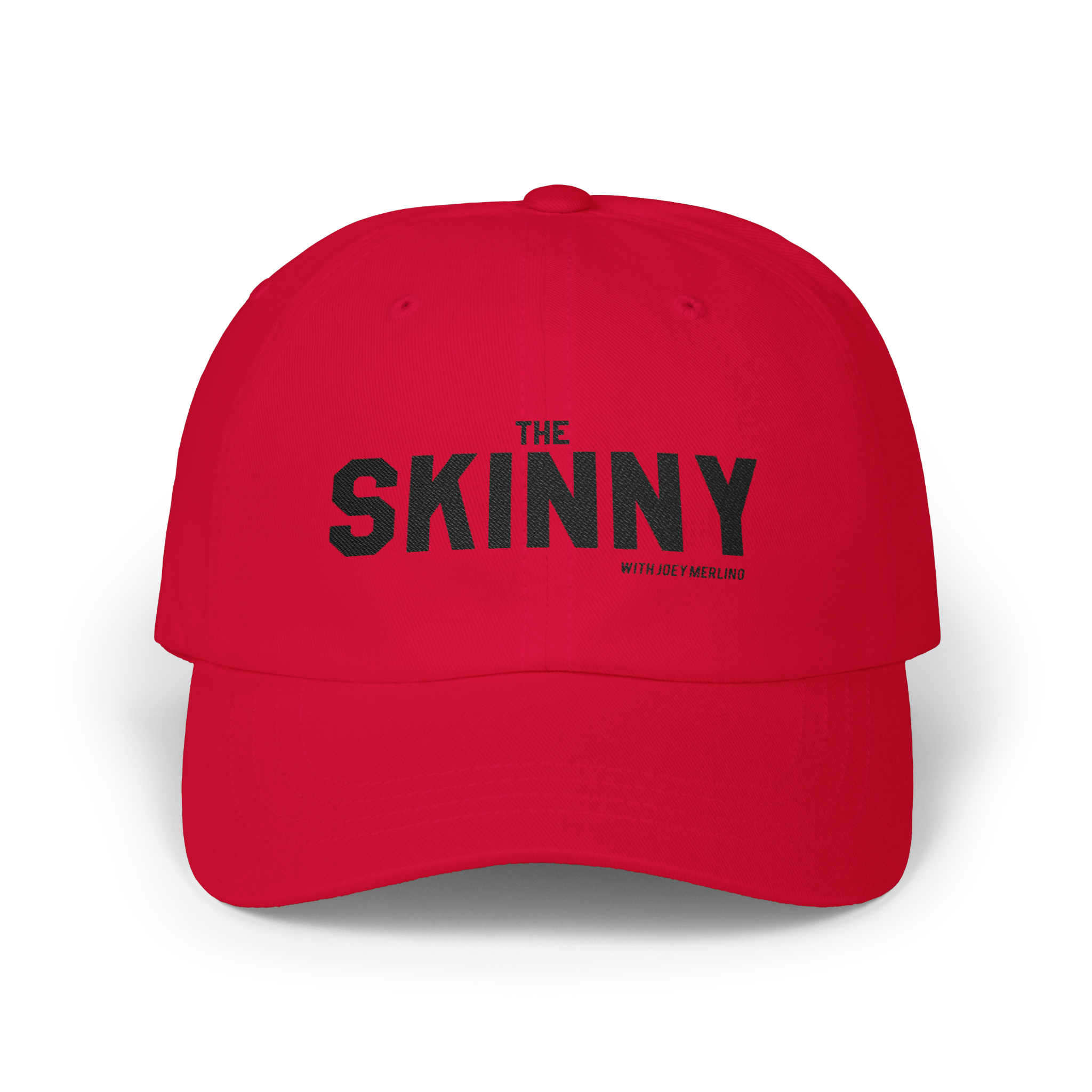 Red cap with 'The Skinny' text on a white background