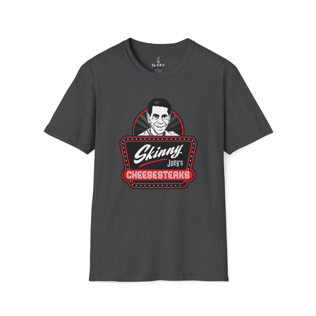 Gray t-shirt with 'Skinny Joey's Cheesesteaks' graphic on a white background