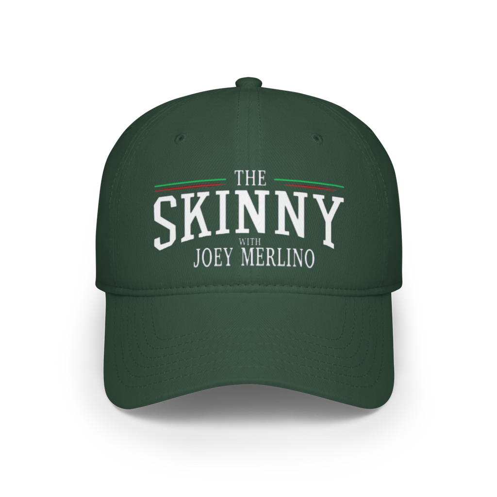 Green cap with 'The Skinny with Joey Merlin' text on a white background