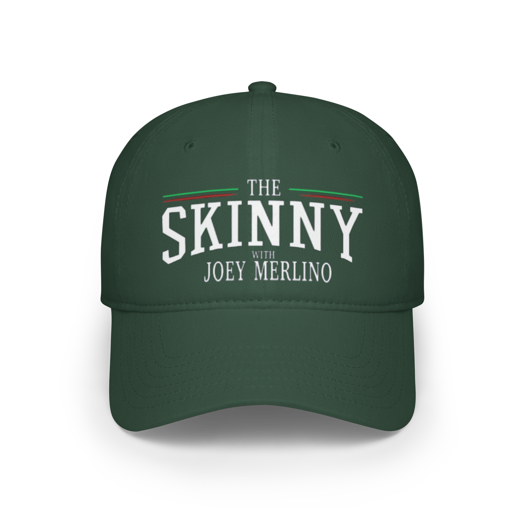 Green cap with 'The Skinny with Joey Merlin' text on a white background