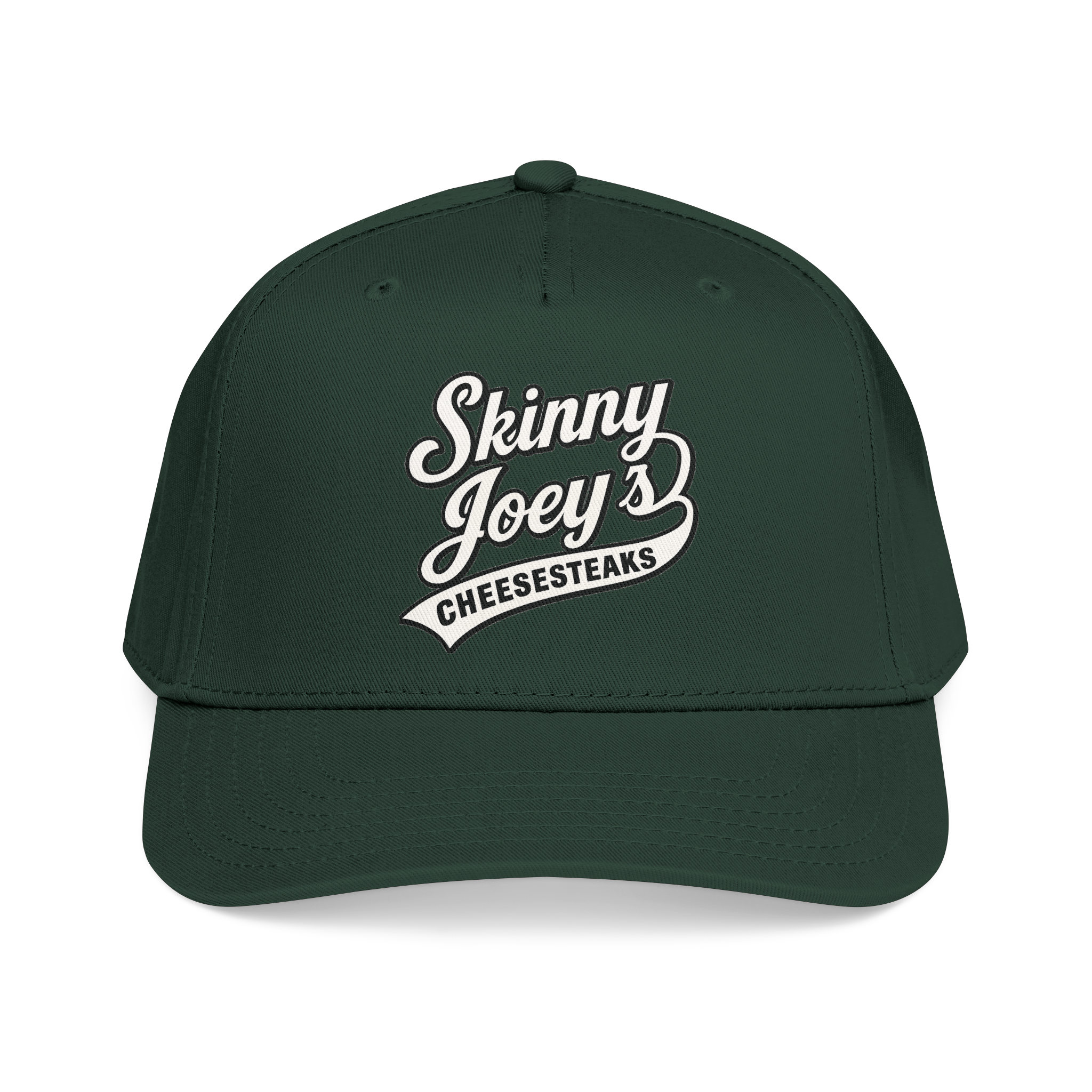 Green cap with 'Skinny Joey's Cheesesteaks' text on a white background