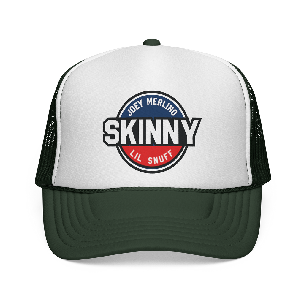 White and green trucker hat with 'Skinny' logo on a white background