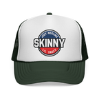 White and green trucker hat with 'Skinny' logo on a white background