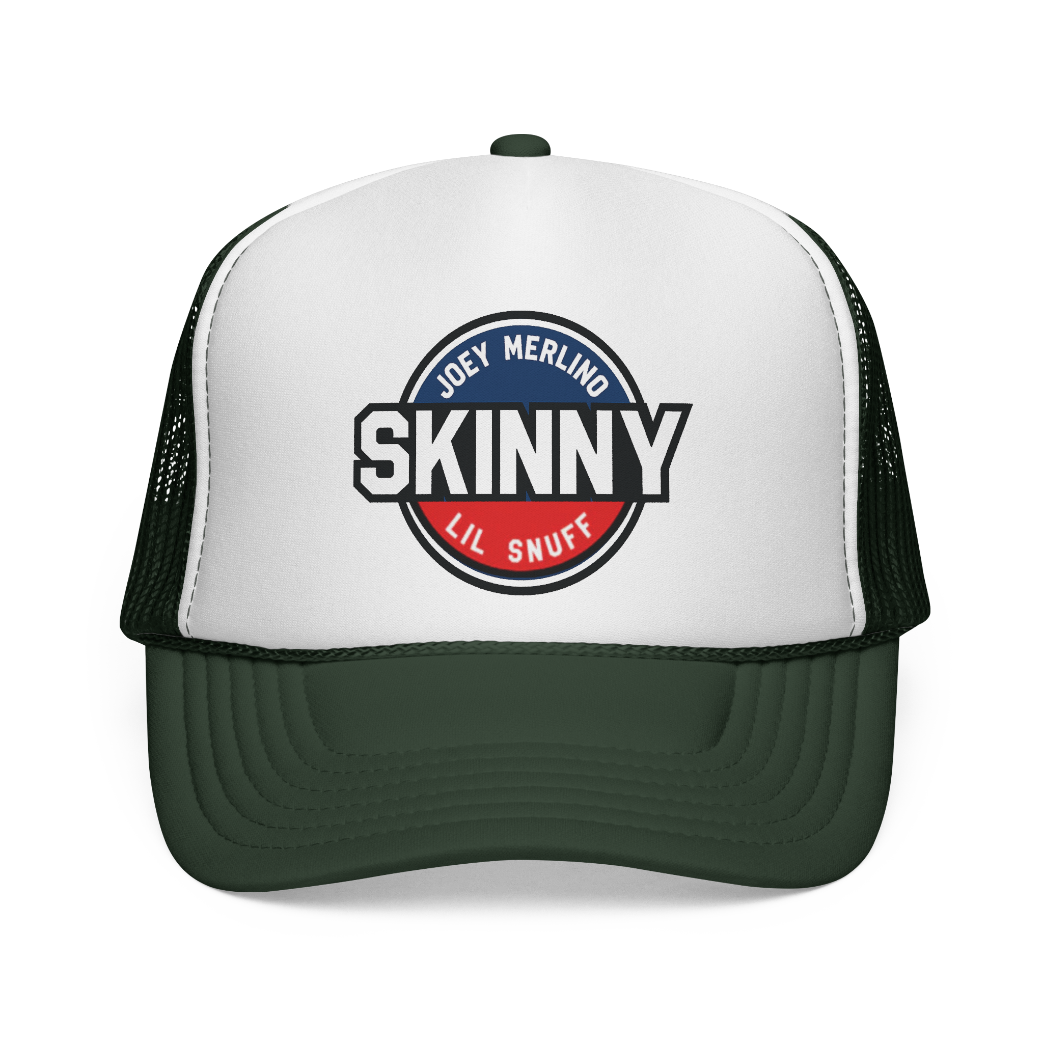 White and green trucker hat with 'Skinny' logo on a white background