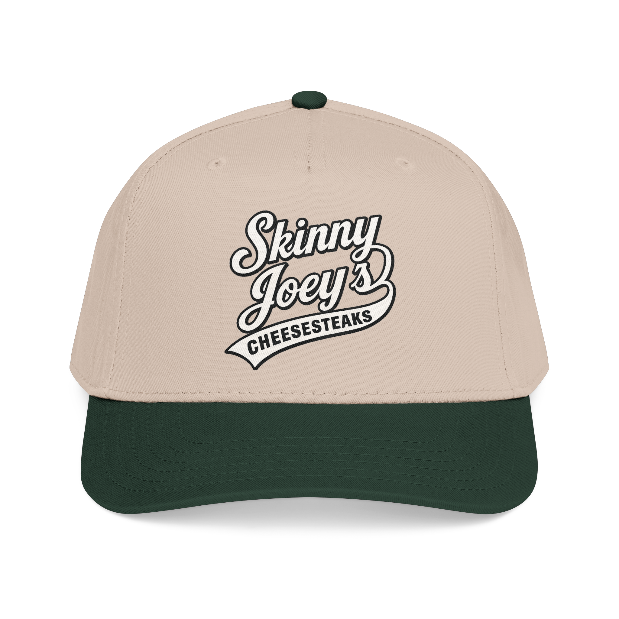 Beige and green cap with 'Skinny Joey's Cheesesteaks' text on a white background