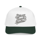 White and green cap with 'Skinny Joey's Cheesesteaks' text on a white background