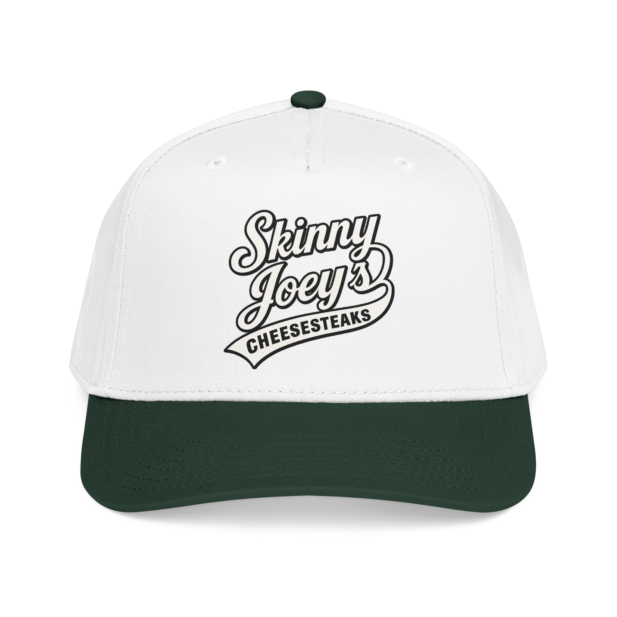 White and green cap with 'Skinny Joey's Cheesesteaks' text on a white background