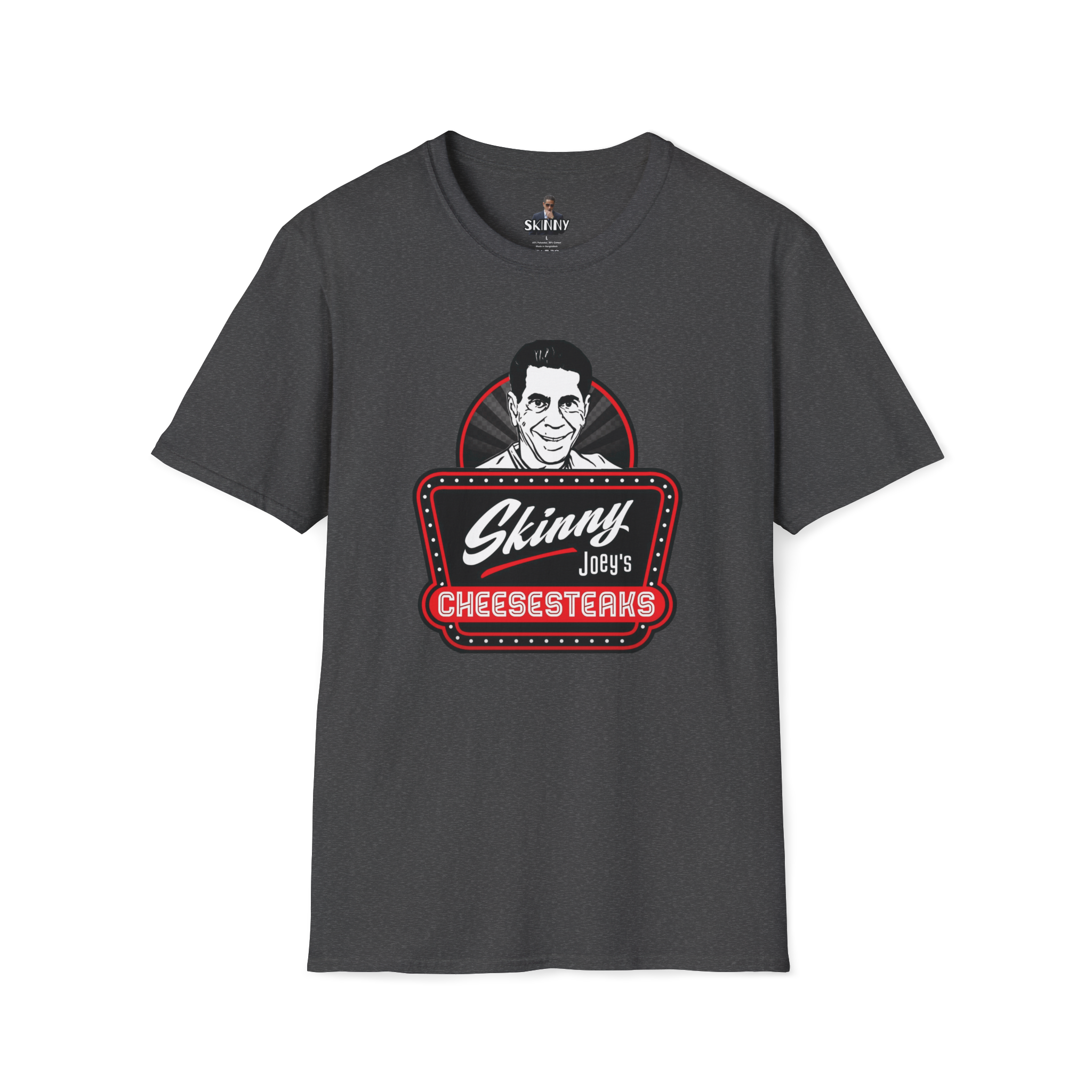 Gray t-shirt with 'Skinny Joey's Cheesesteaks' graphic on a white background