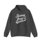 Gray hoodie with 'Skinny Joey's Cheesesteaks' text on a white background