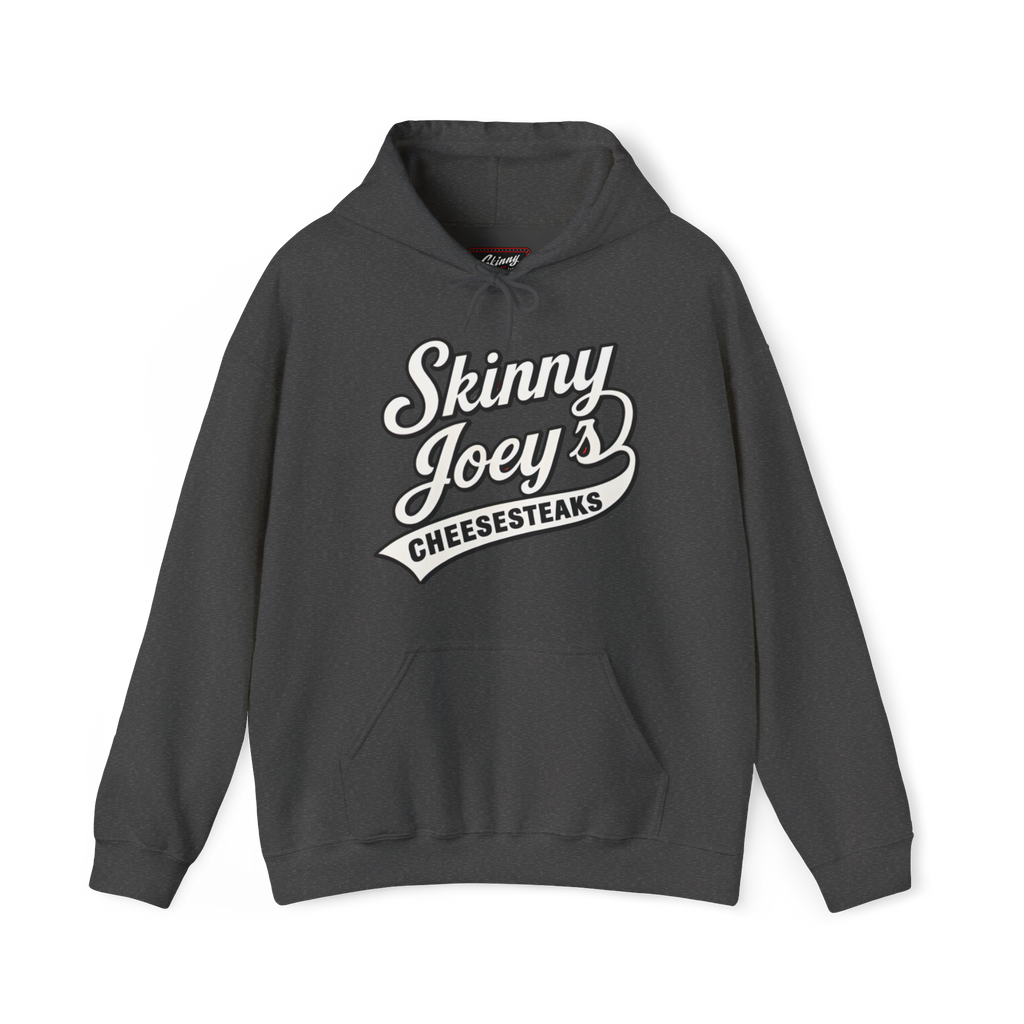 Gray hoodie with 'Skinny Joey's Cheesesteaks' text on a white background