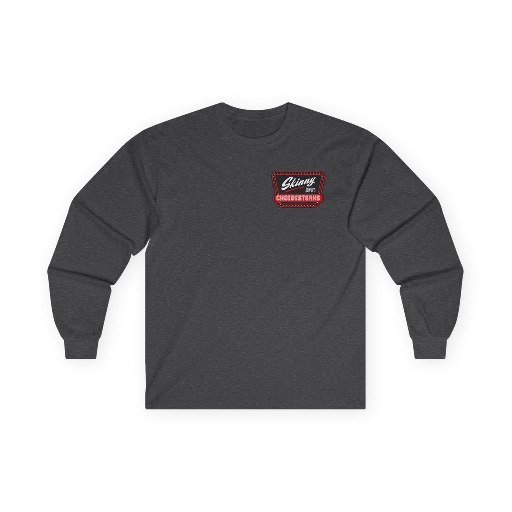 Gray long-sleeve shirt with a red and white logo on a white background