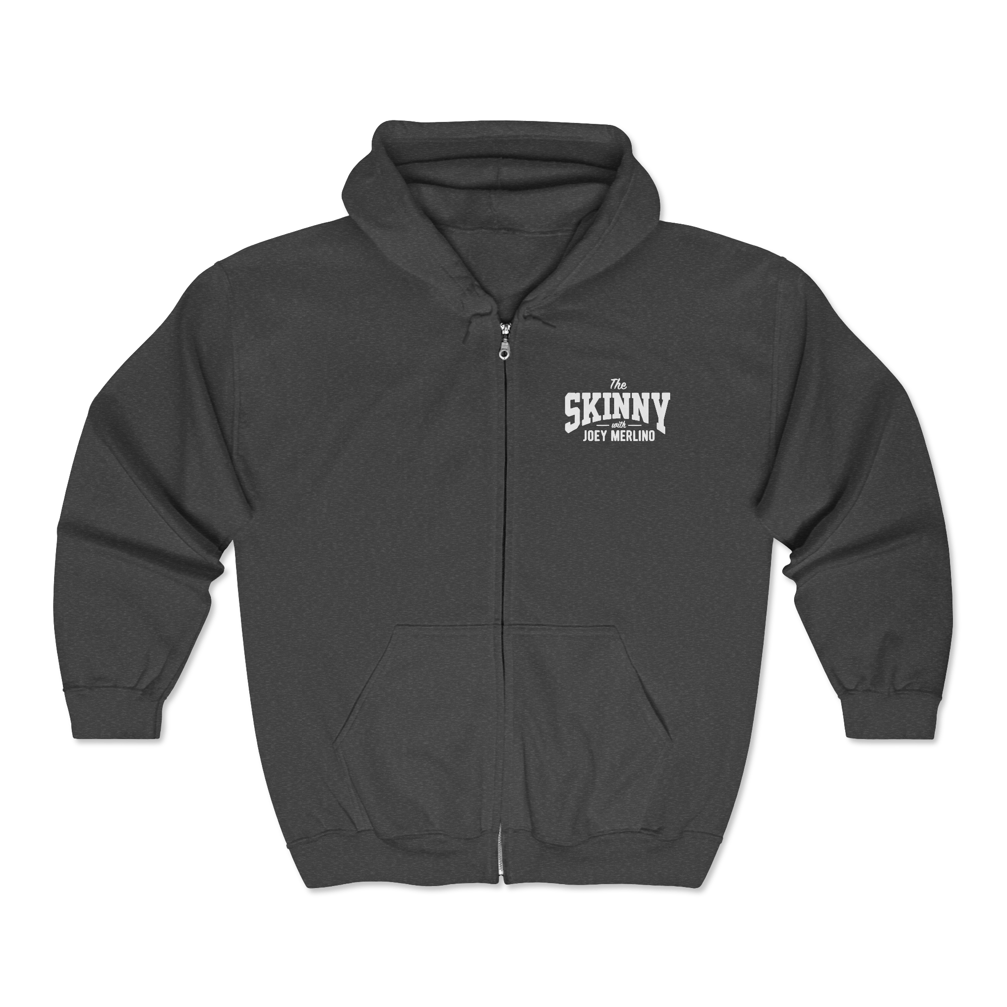 Dark gray hoodie with 'The Skinny' logo on a white background