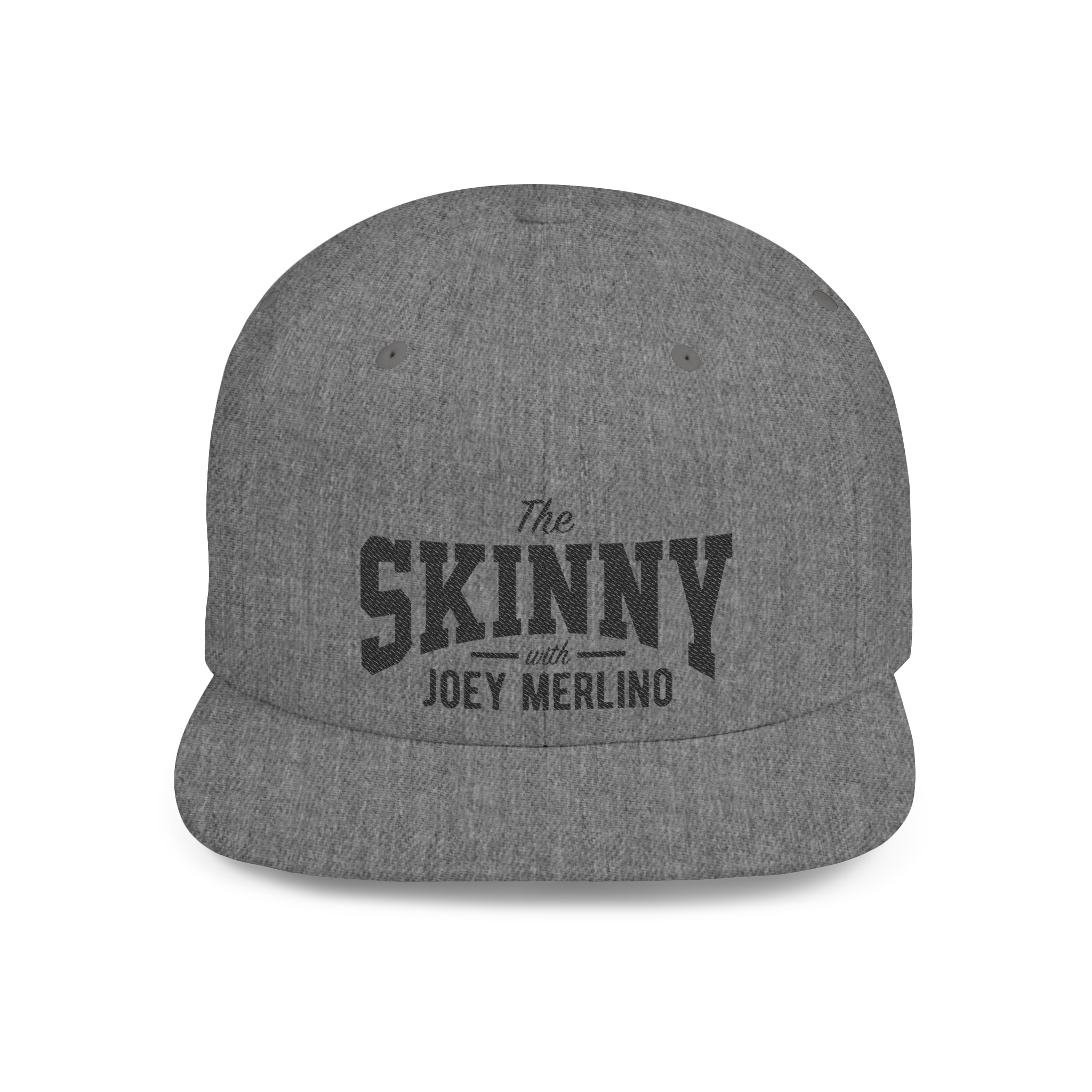 Gray cap with 'The Skinny with Joey Merlin' text on a white background