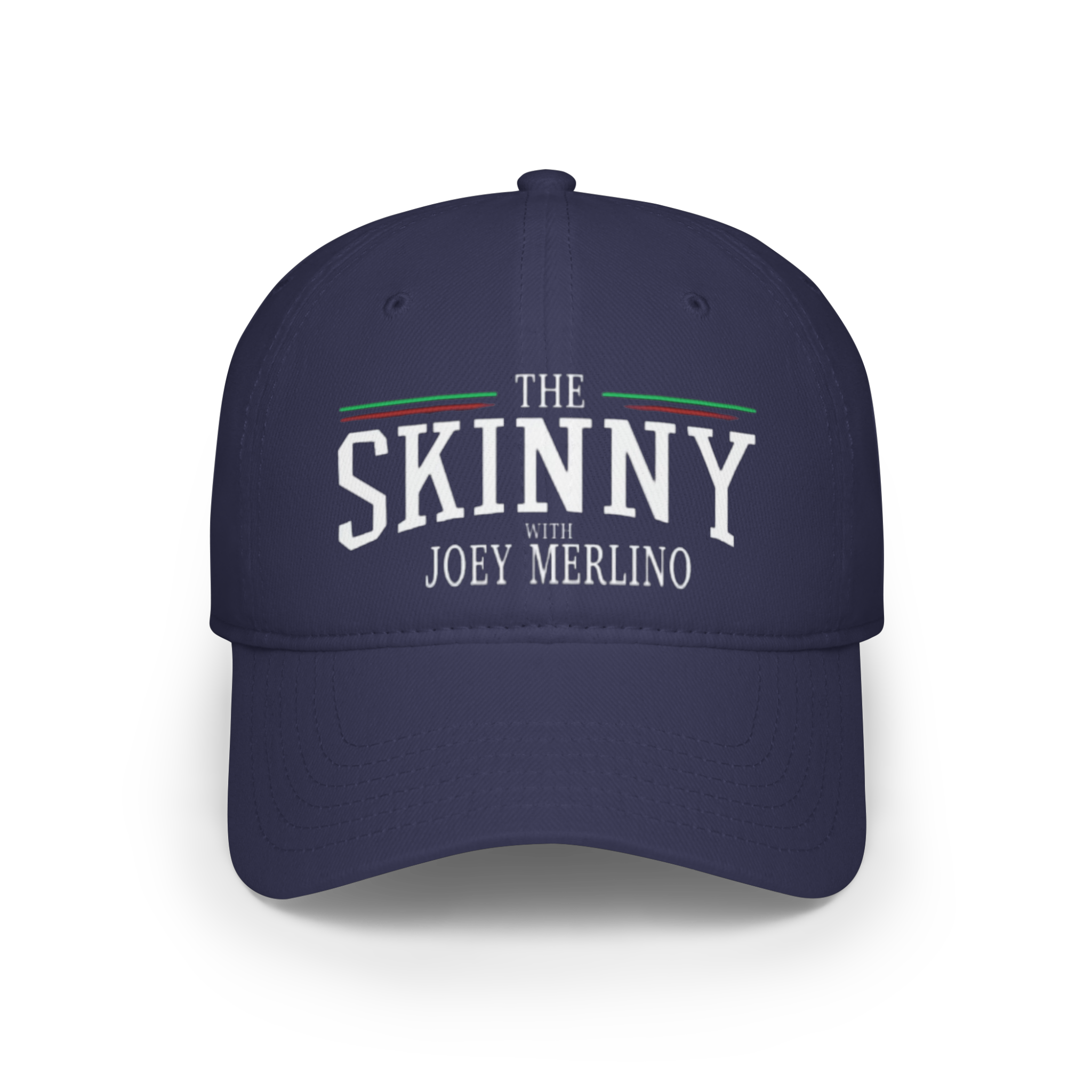 Navy blue cap with 'The Skinny with Joey Merlino' text on a white background