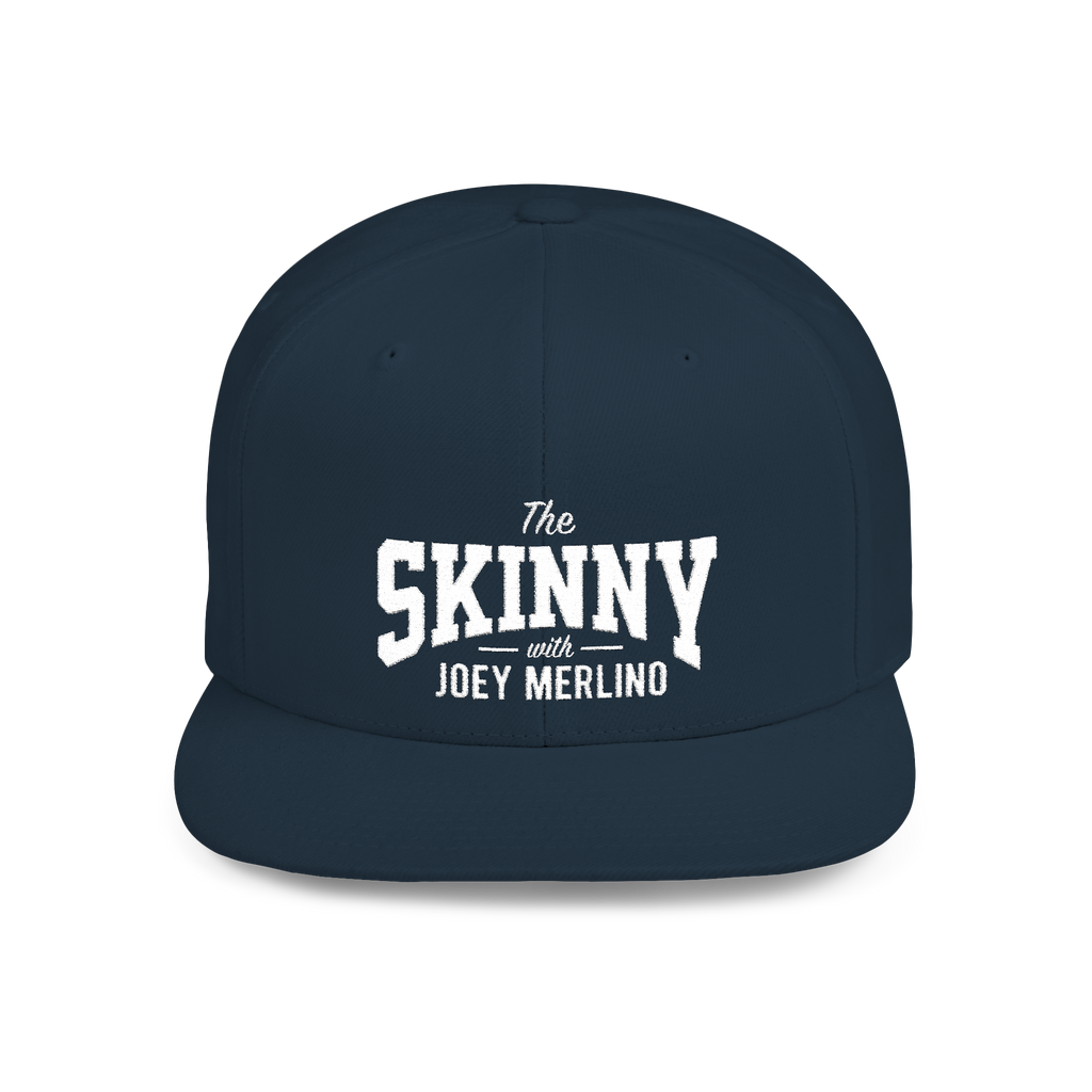 Navy blue cap with 'The Skinny with Joey Merlino' text on a white background