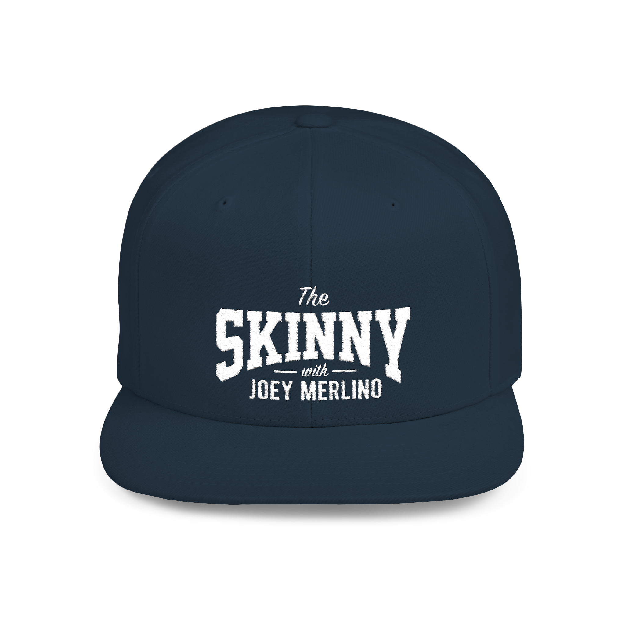 Navy blue cap with 'The Skinny with Joey Merlino' text on a white background