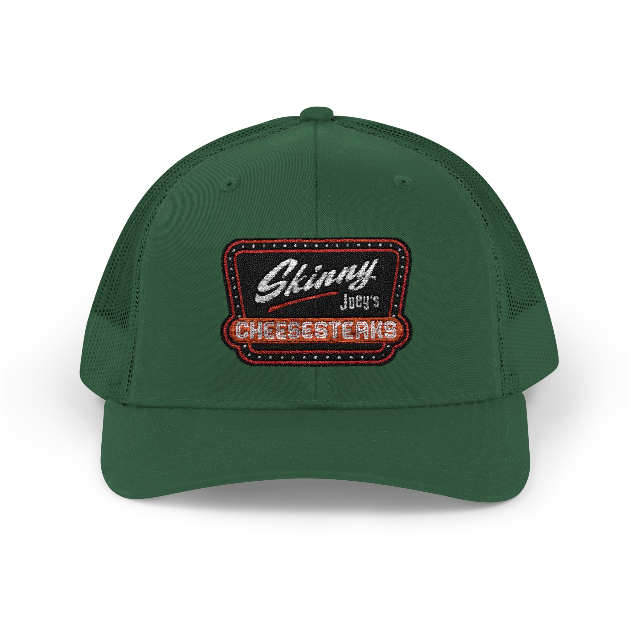 Green cap with embroidered logo on a white background