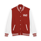 Red and white varsity jacket with text on a white background