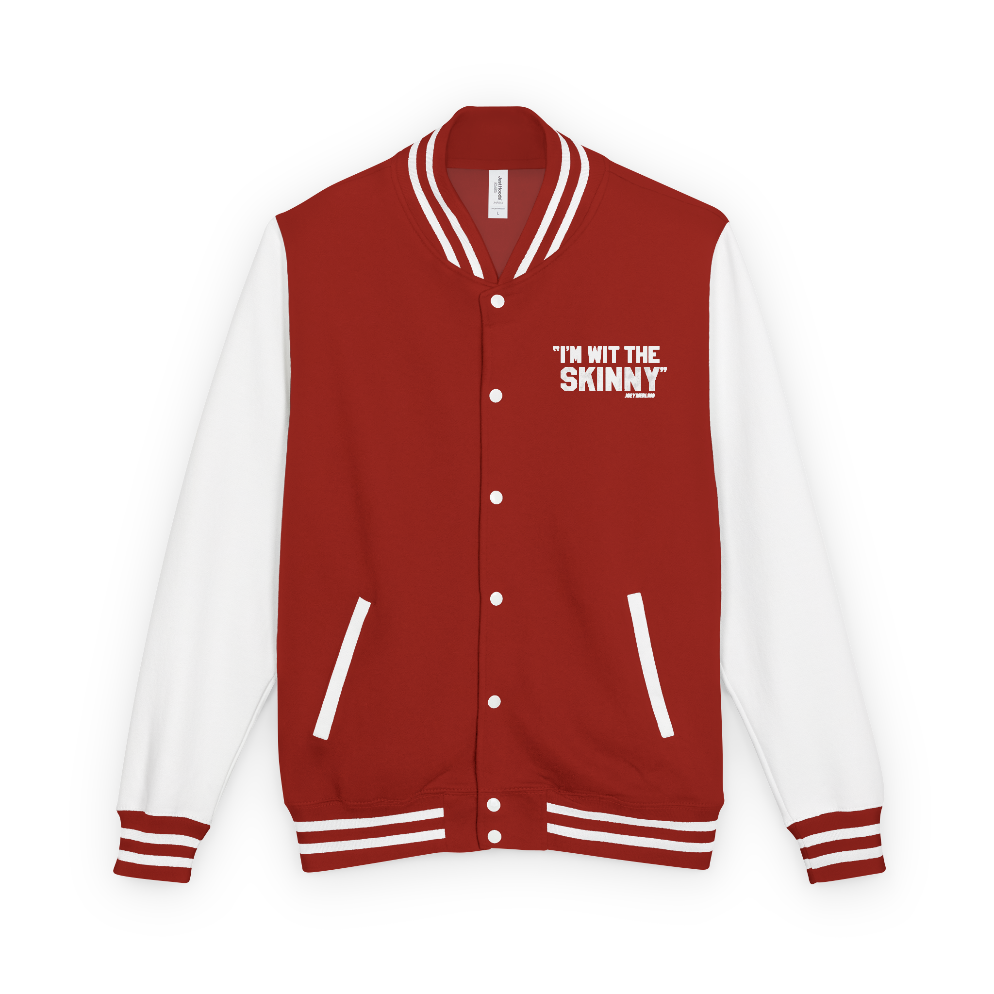 Red and white varsity jacket with text on a white background