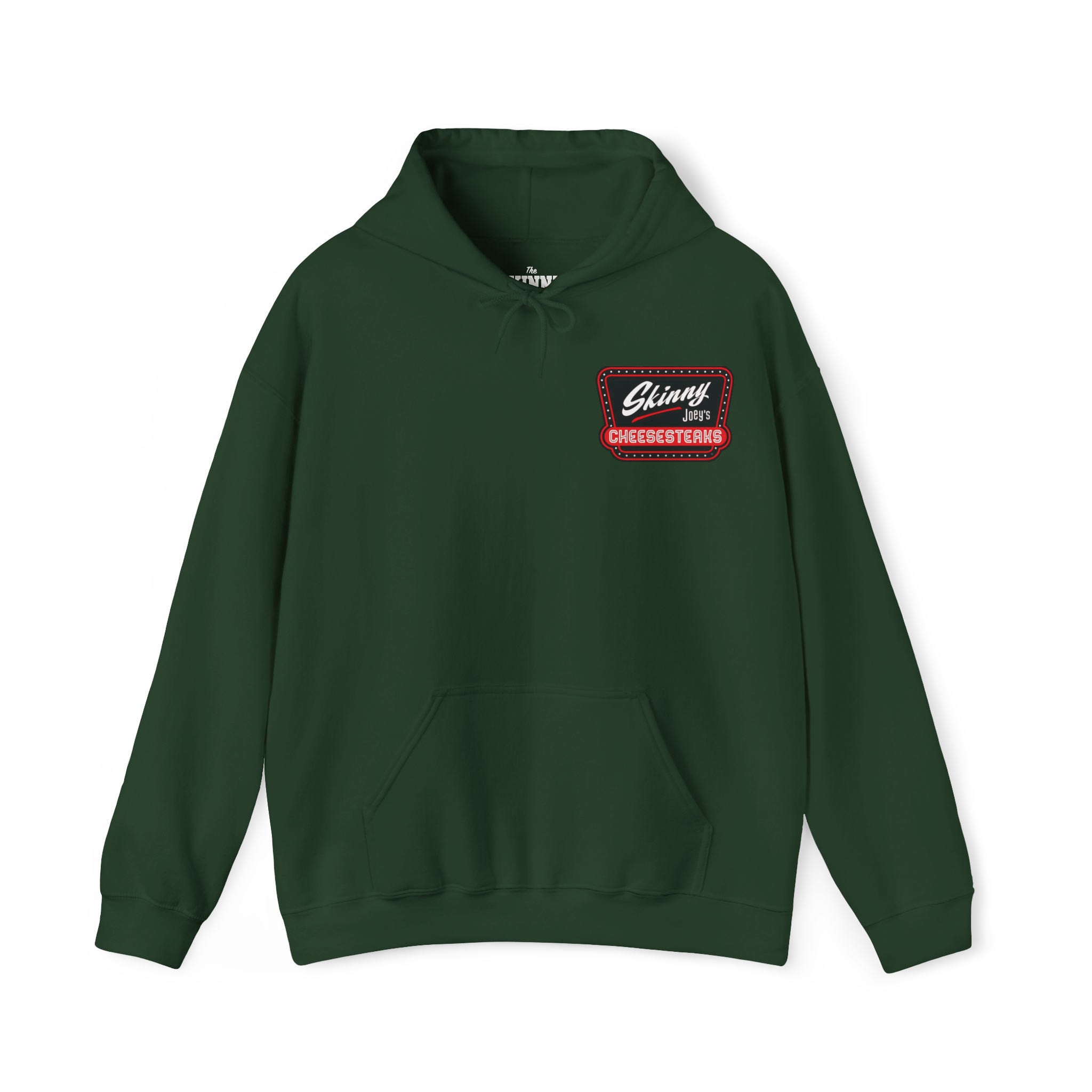 Green hoodie with a red and white logo on a white background