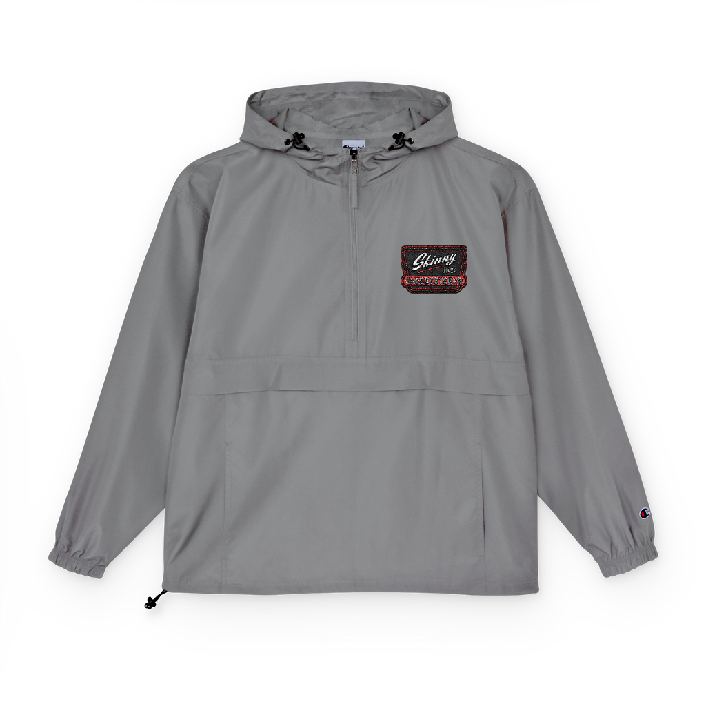Gray hooded jacket with a patch on a white background