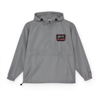Gray hooded jacket with a patch on a white background