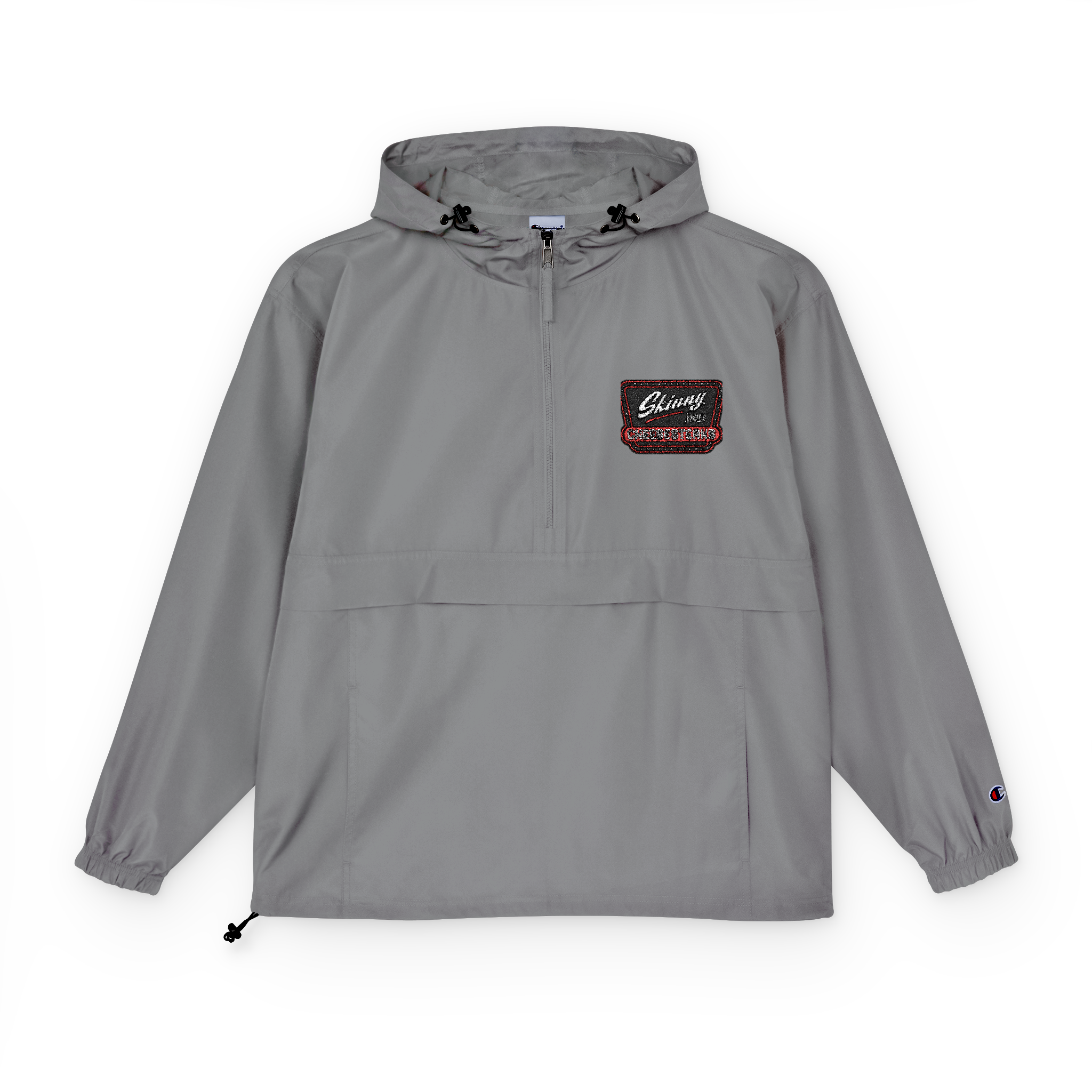 Gray hooded jacket with a patch on a white background