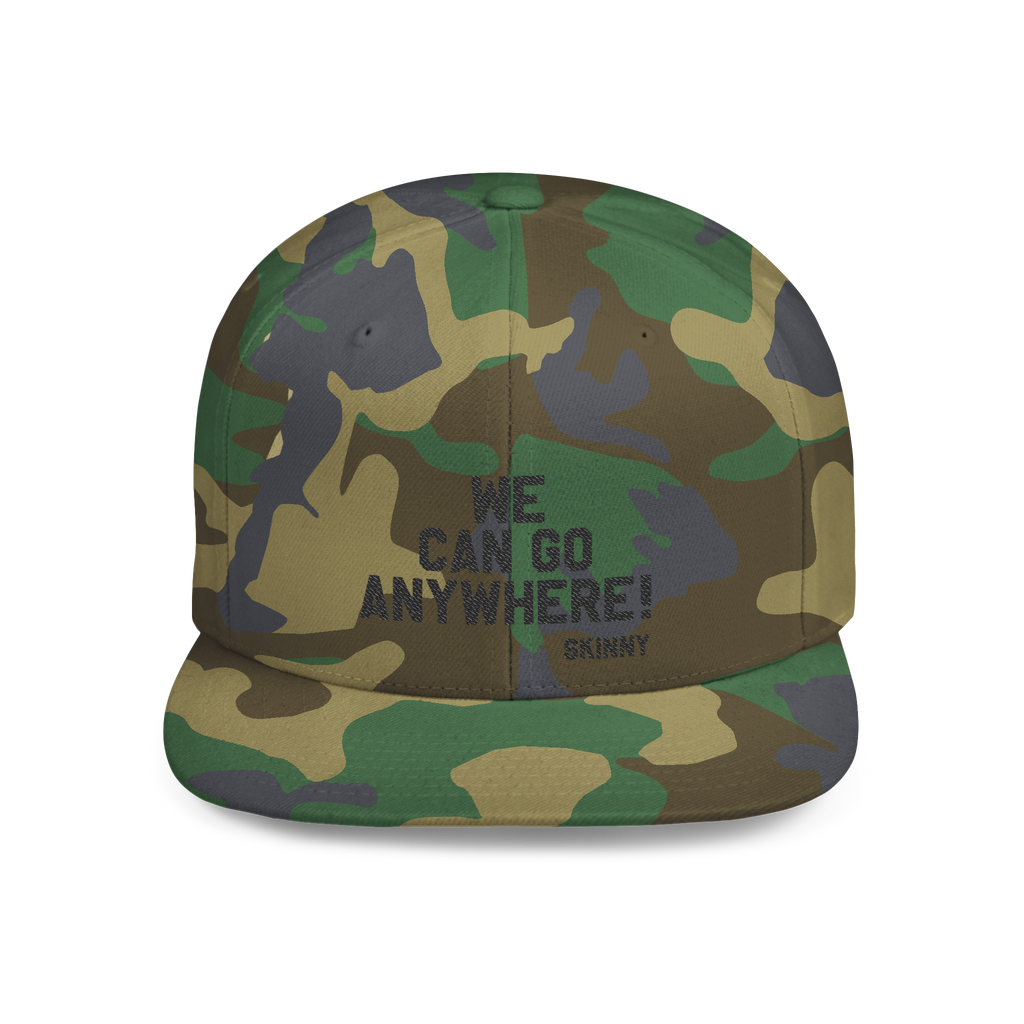 Camouflage cap with 'We can go anywhere!' text on a white background