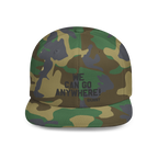 Camouflage cap with 'We can go anywhere!' text on a white background