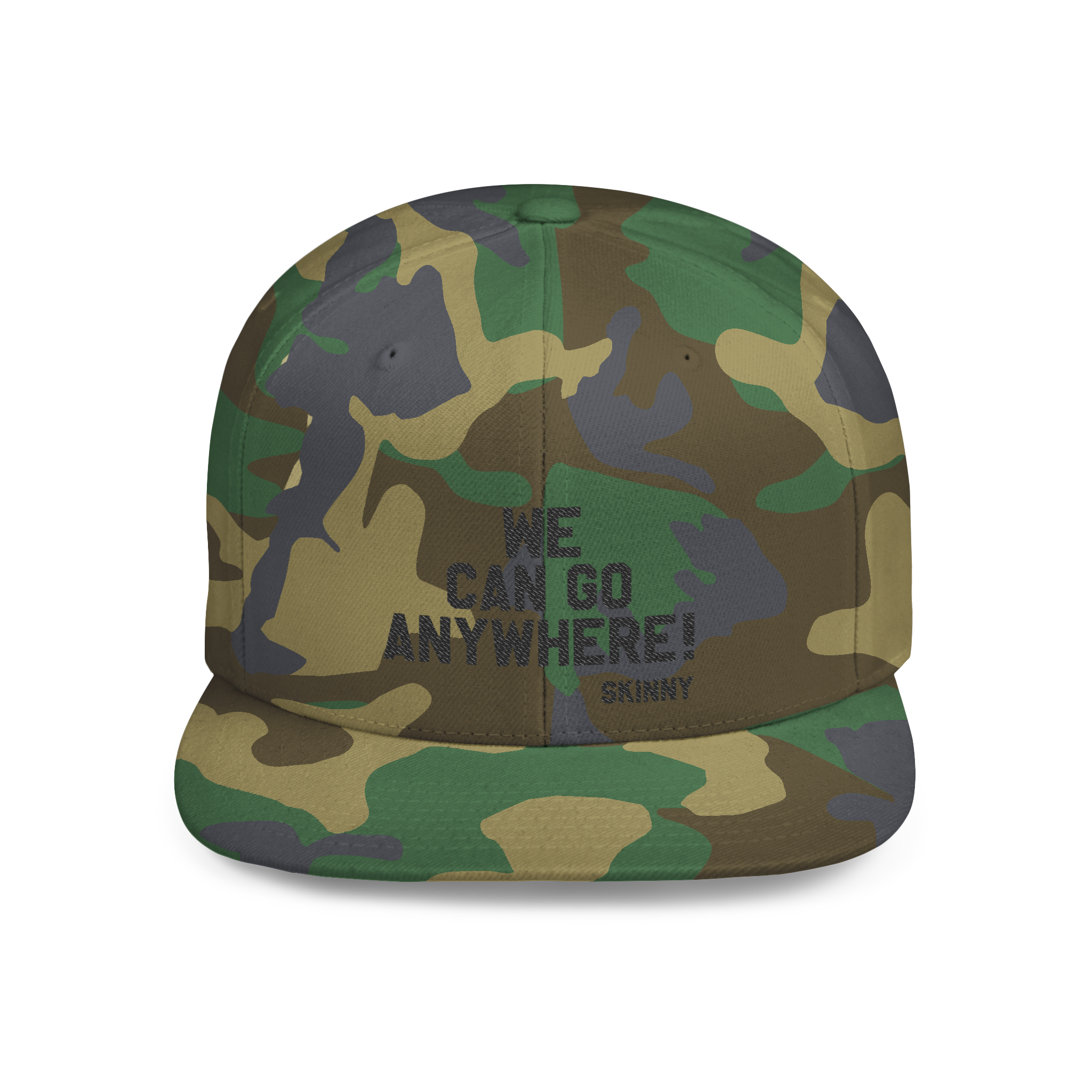 Camouflage cap with 'We can go anywhere!' text on a white background