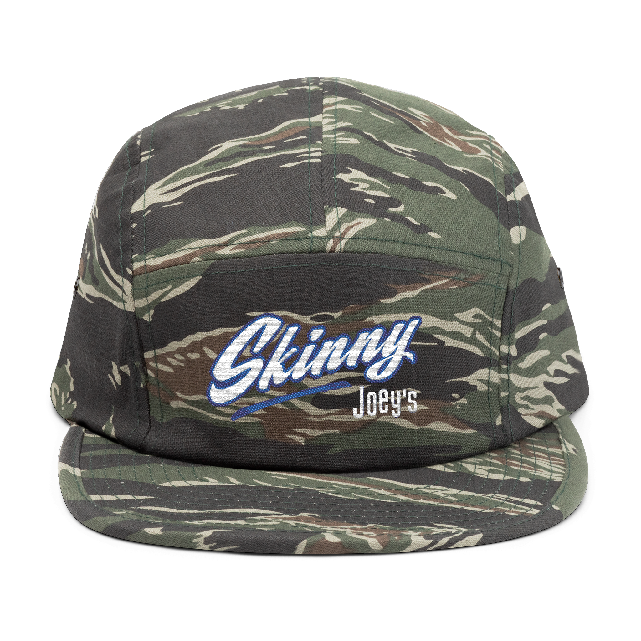 Camouflage cap with 'Skinny Joey's' logo on a white background